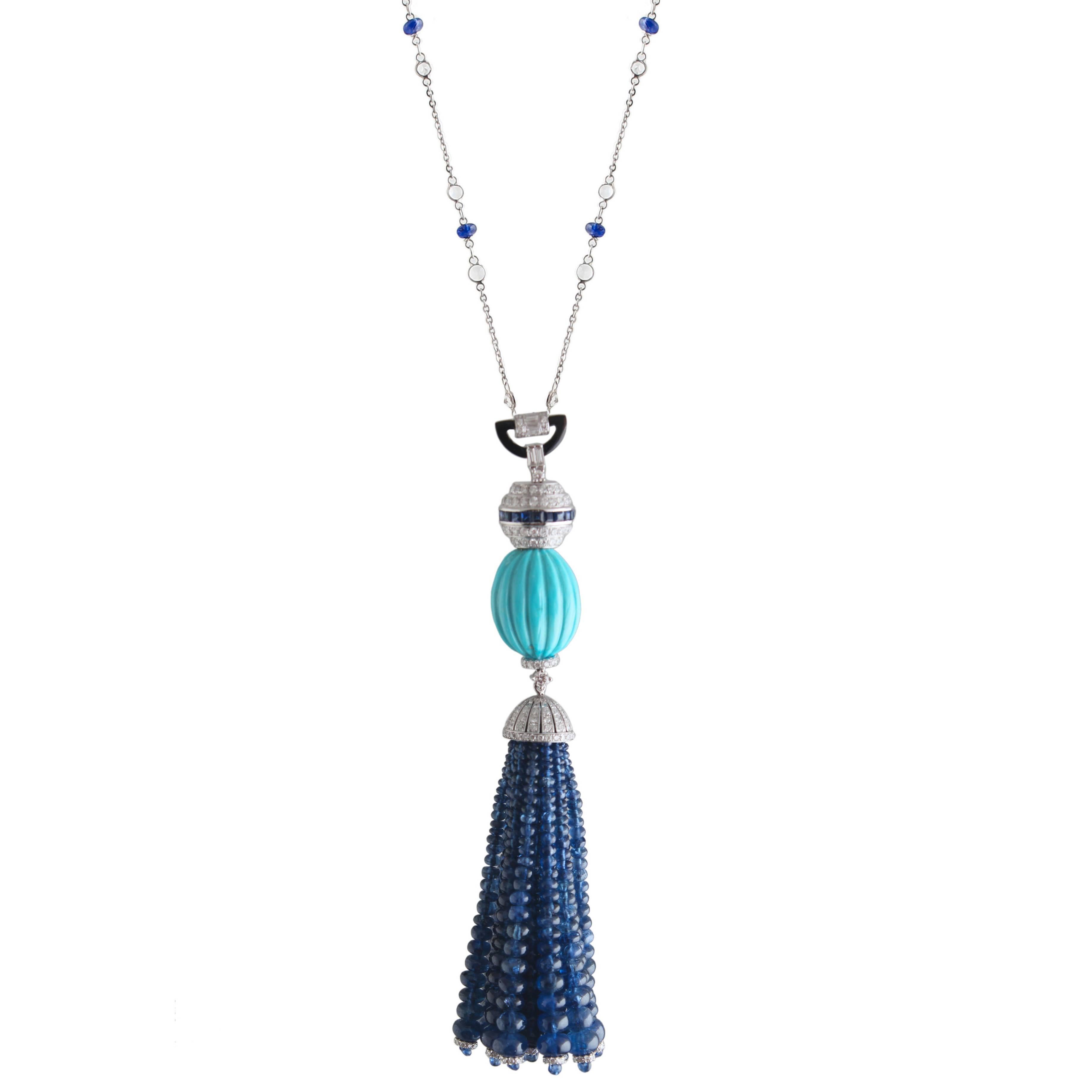 Turquoise Blue Sapphire Diamond Tassel Necklace For Sale