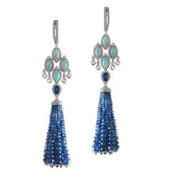 Ethiopian Opal Blue Sapphire Diamond Tassel Earrings 1