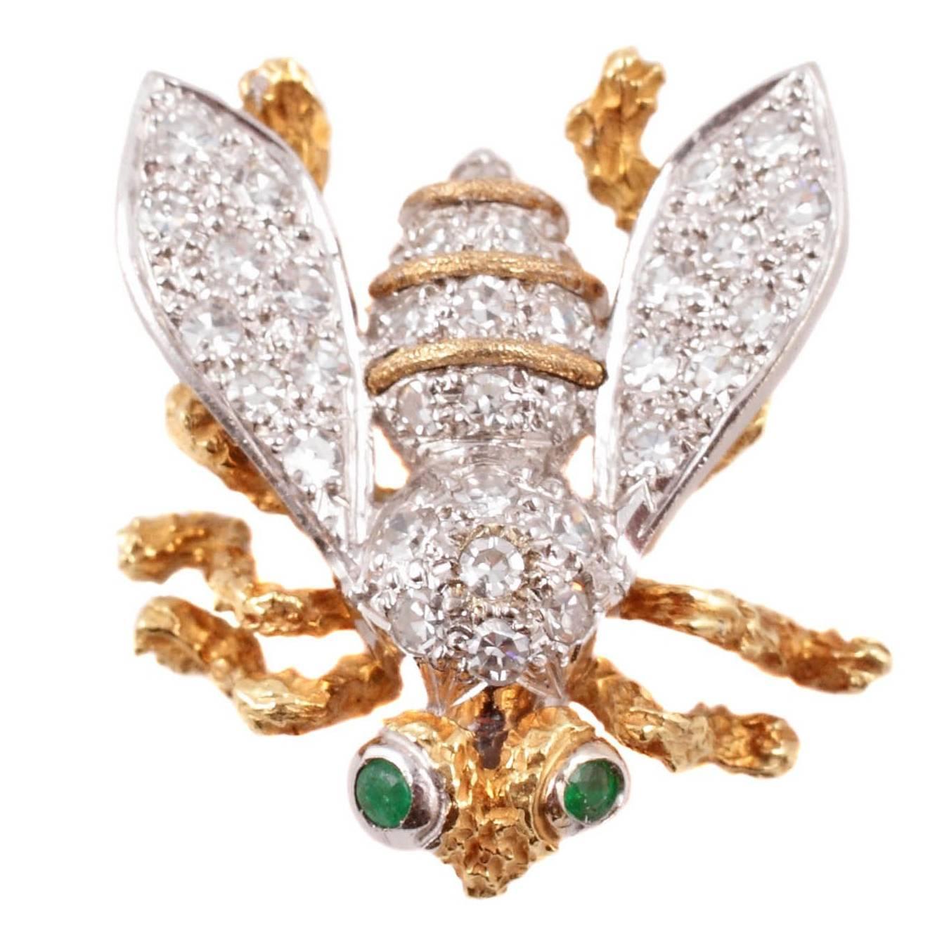 Diamond Emerald Yellow and White Gold Bee Brooch