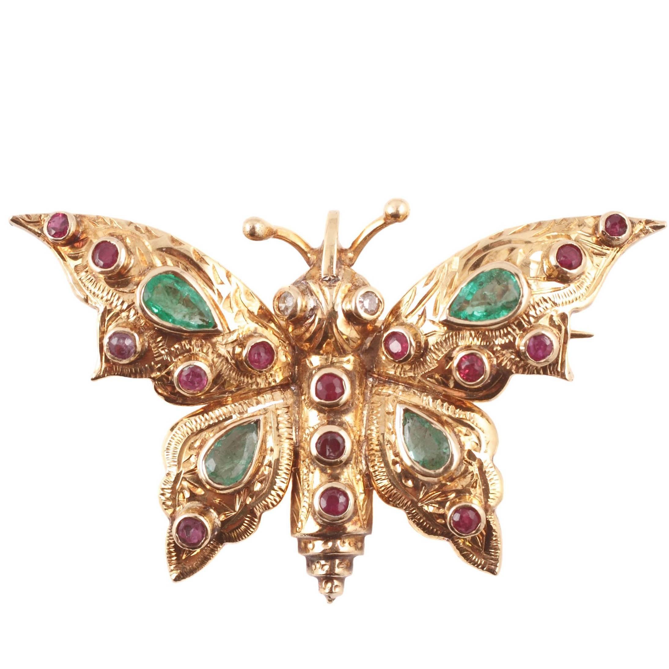 Emerald Ruby Yellow Gold Butterfly Brooch