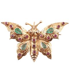 Emerald Ruby Yellow Gold Butterfly Brooch