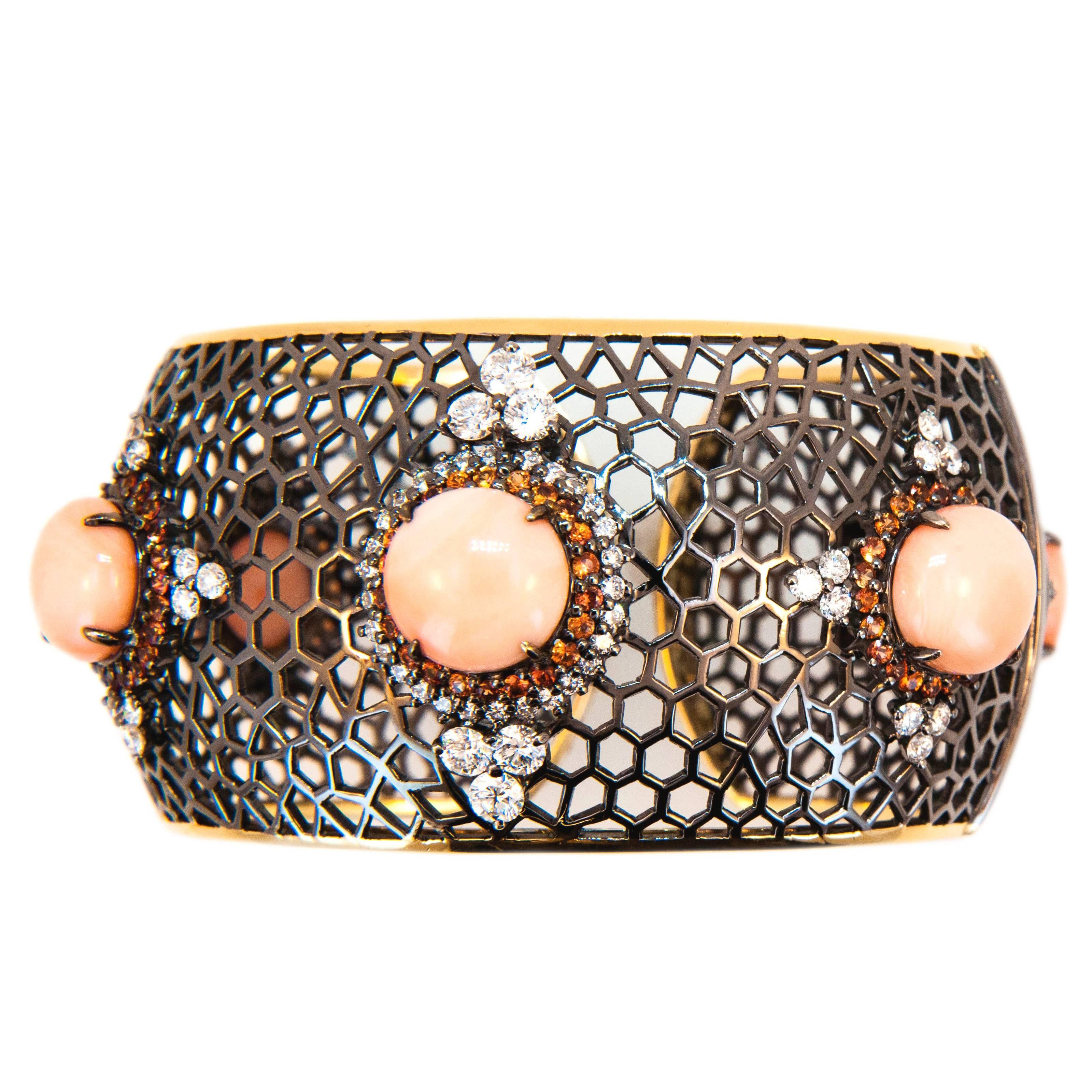 Laura Munder Angel Skin Coral Orange Sapphire Diamond Blackened Gold Bracelet For Sale