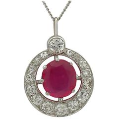 1940s 1.07 Carat Burmese Ruby Diamond Platinum Pendant