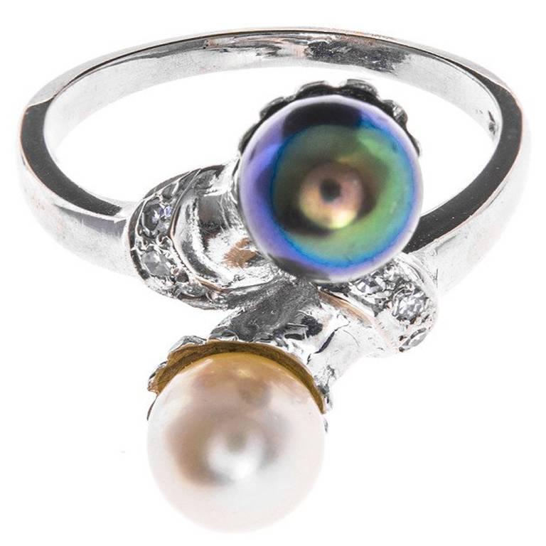 White Gold Tahitian and Akoya Pearl with Diamonds Cross over Ring For Sale