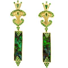 Crevoshay Handcrafted Tsavorite Boulder Opal Yelow Gold Versatile Earrings 12