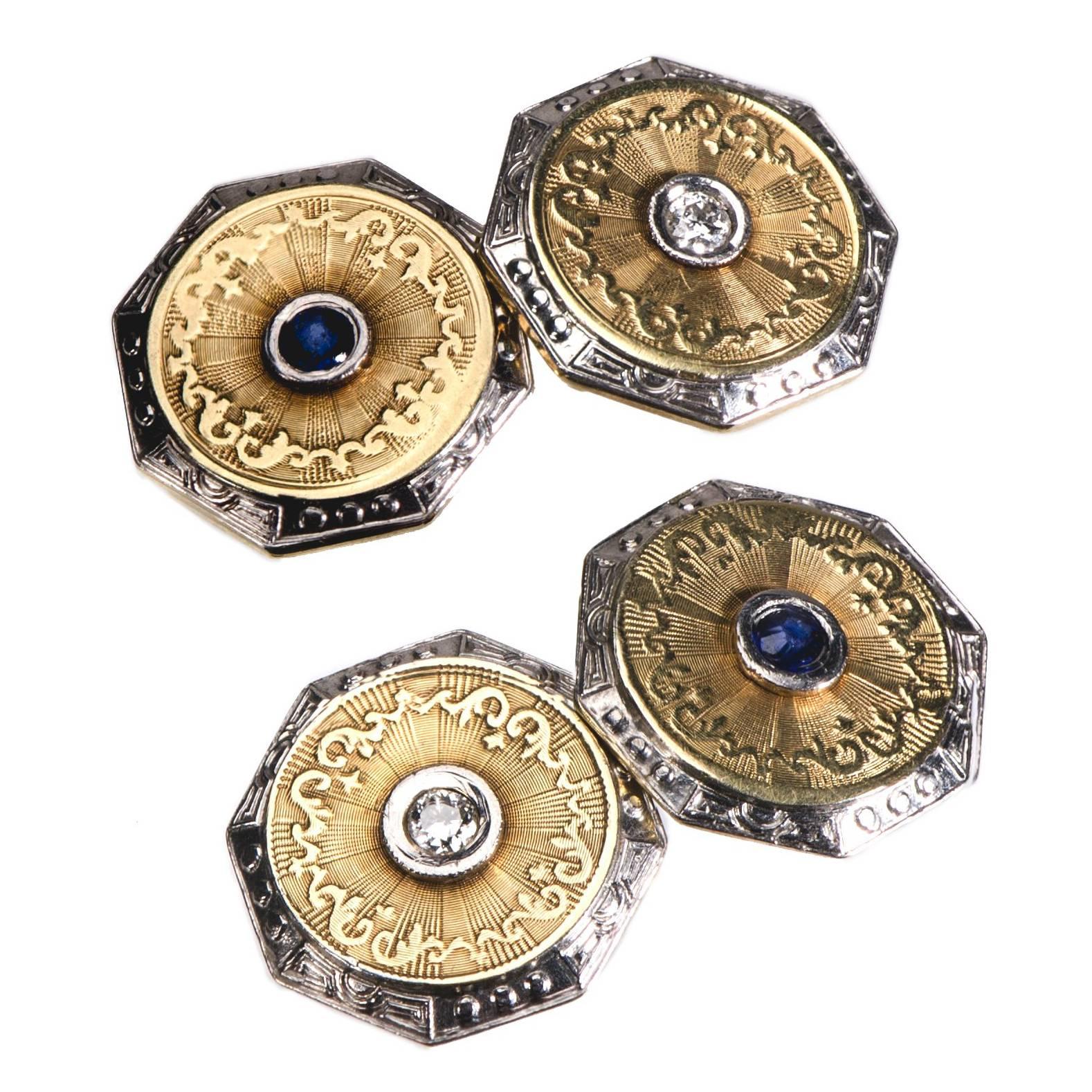 Exquisite Art Deco Double-Sided Two-Toned Sapphire, Diamond and Gold Cufflinks