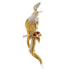 Cartier Ruby Emerald Diamond Gold Bird Brooch