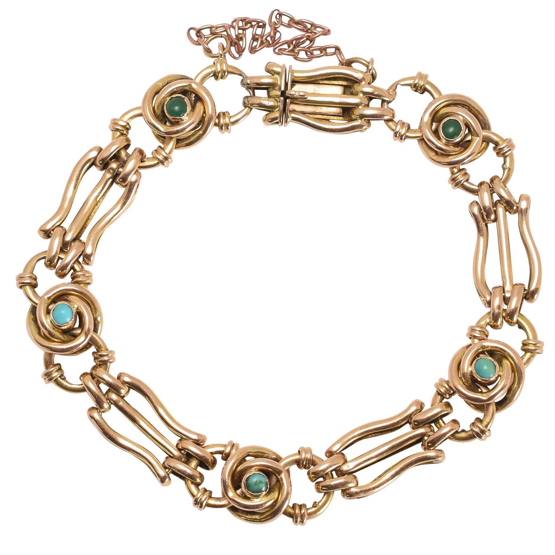 Antique Art Nouveau Turquoise Infinity Knot Gold Bracelet