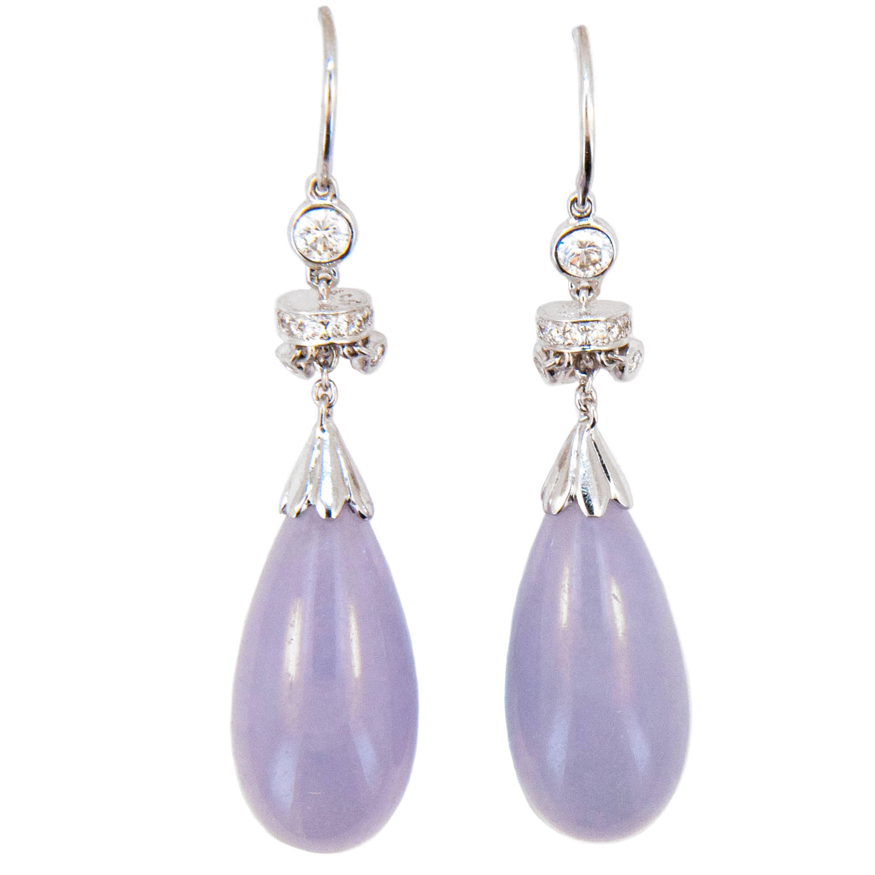 Lavender Jade Diamond White Gold Earrings For Sale