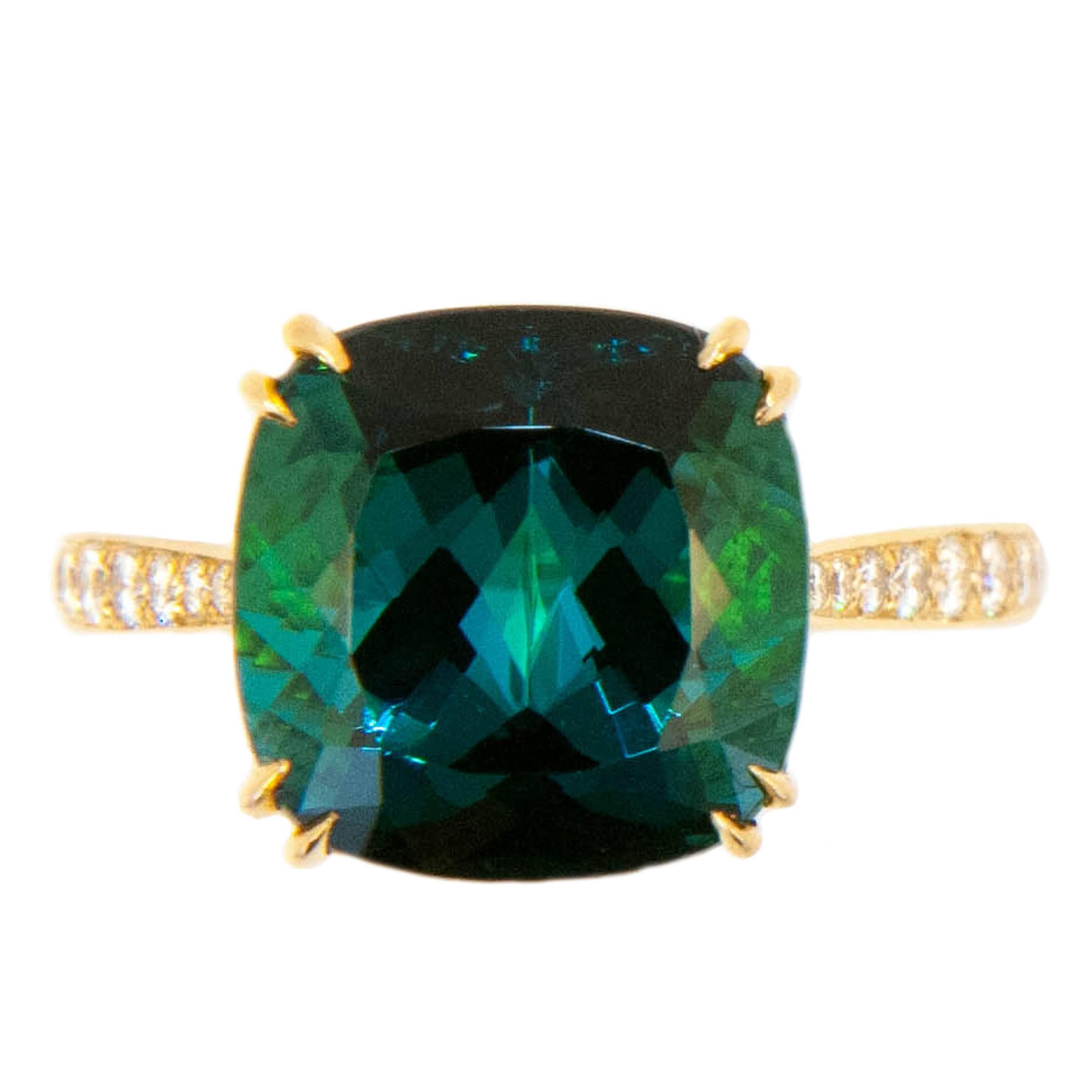 Laura Munder Indicolite Blue Green Tourmaline Diamond Yellow Gold Ring