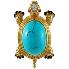 1970s David Webb Turquoise Ruby Diamond Gold Brooch 6