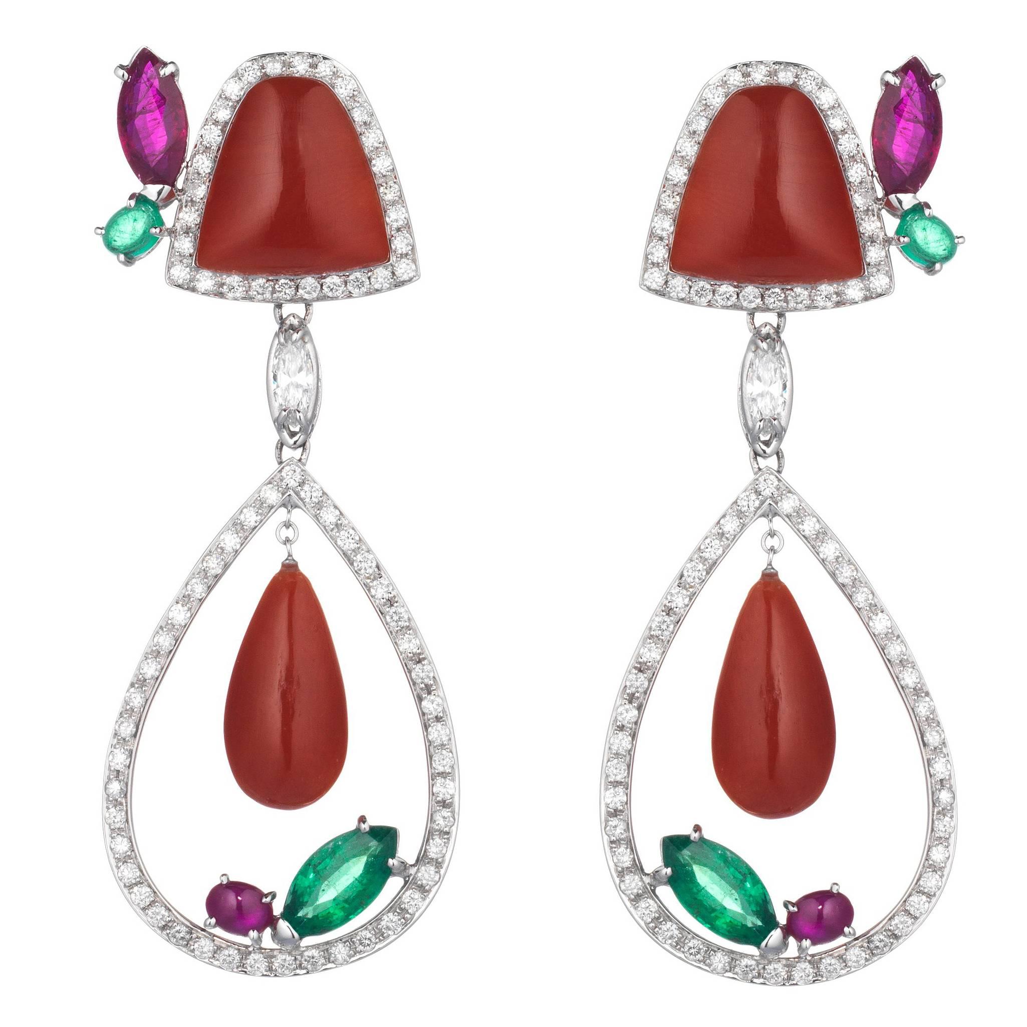 Red Coral Diamond Emerald Ruby Earrings by Ciaravolo Italian Luxury Jewels For Sale