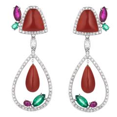Red Coral Diamond Emerald Ruby Earrings by Ciaravolo Italian Luxury Jewels