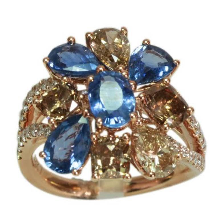 Brown Diamond Blue Sapphire Floral Ring For Sale