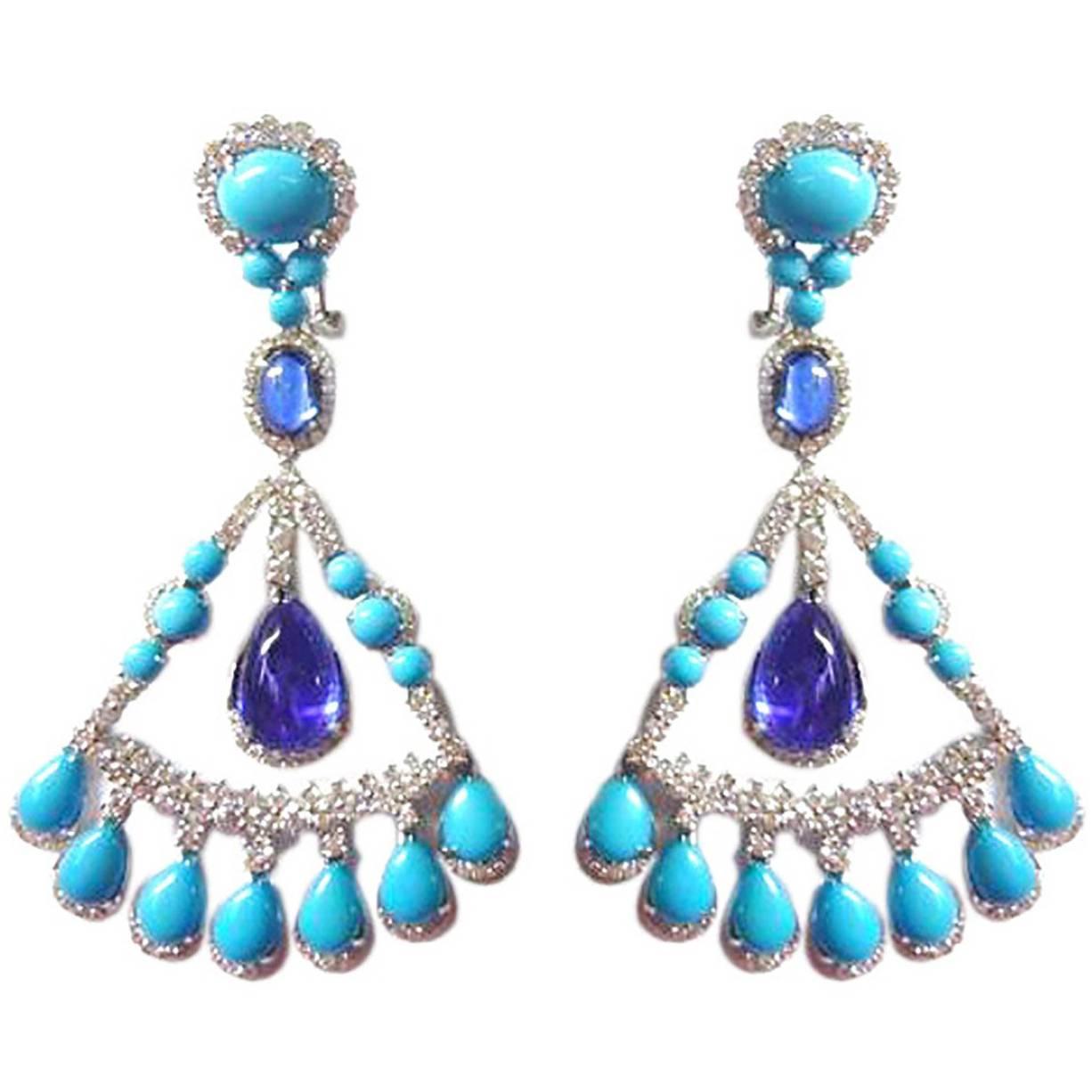 Turquoise Tanzanite Diamond Chandelier Earring For Sale