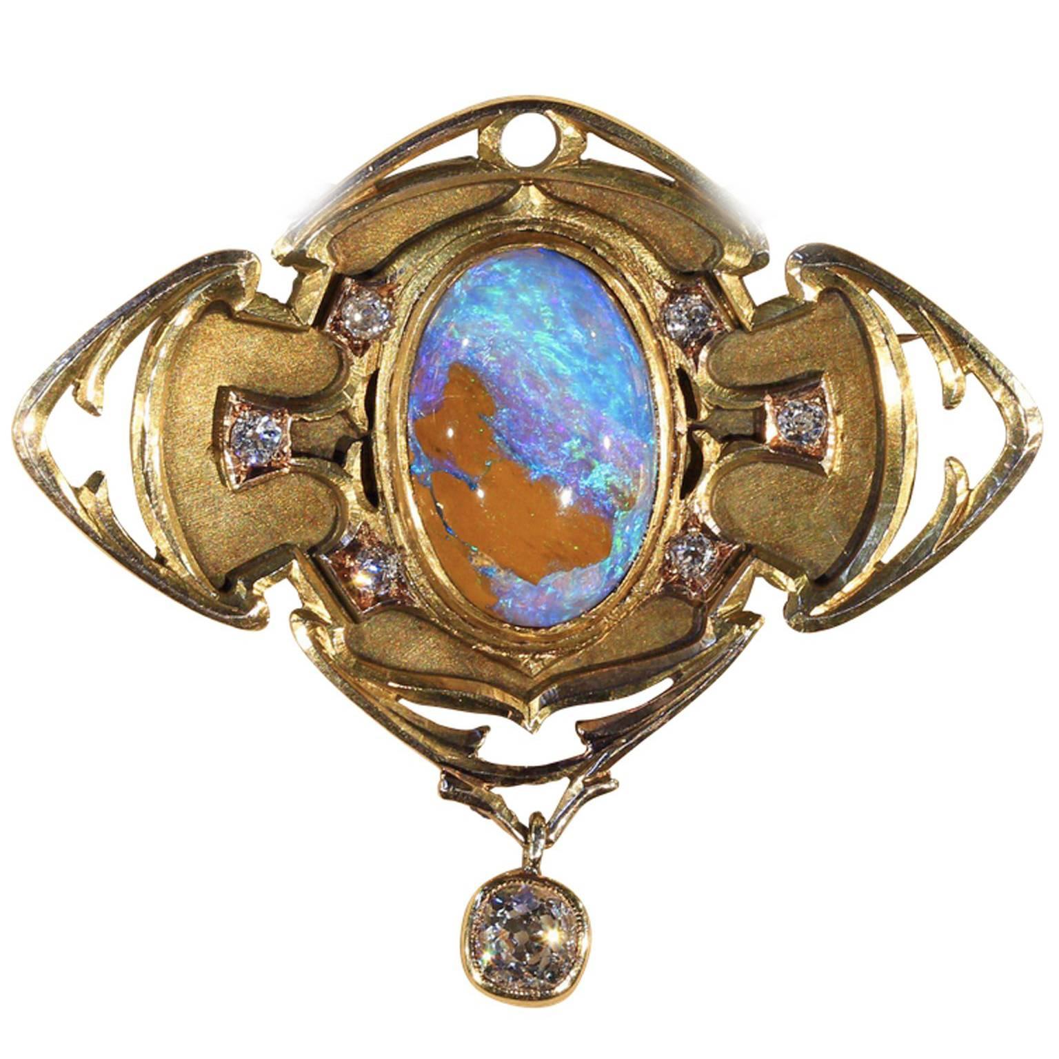 Art & Crafts Boulder Opal Diamond Gold Brooch Pin Pendant For Sale