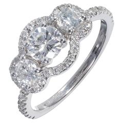 EGL Certified .52 Carat Three-Stone Diamond Halo Gold Engagement Ring 3