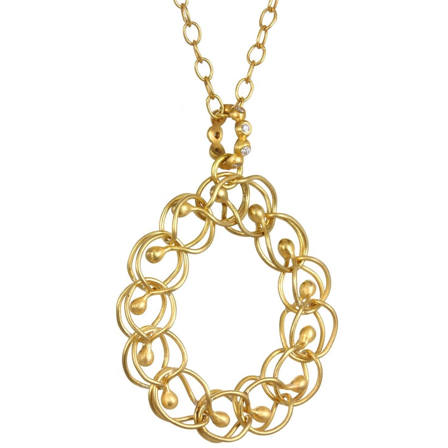 Faye Kim 22K Gold Diamond Woven Circle Pendant and Chain