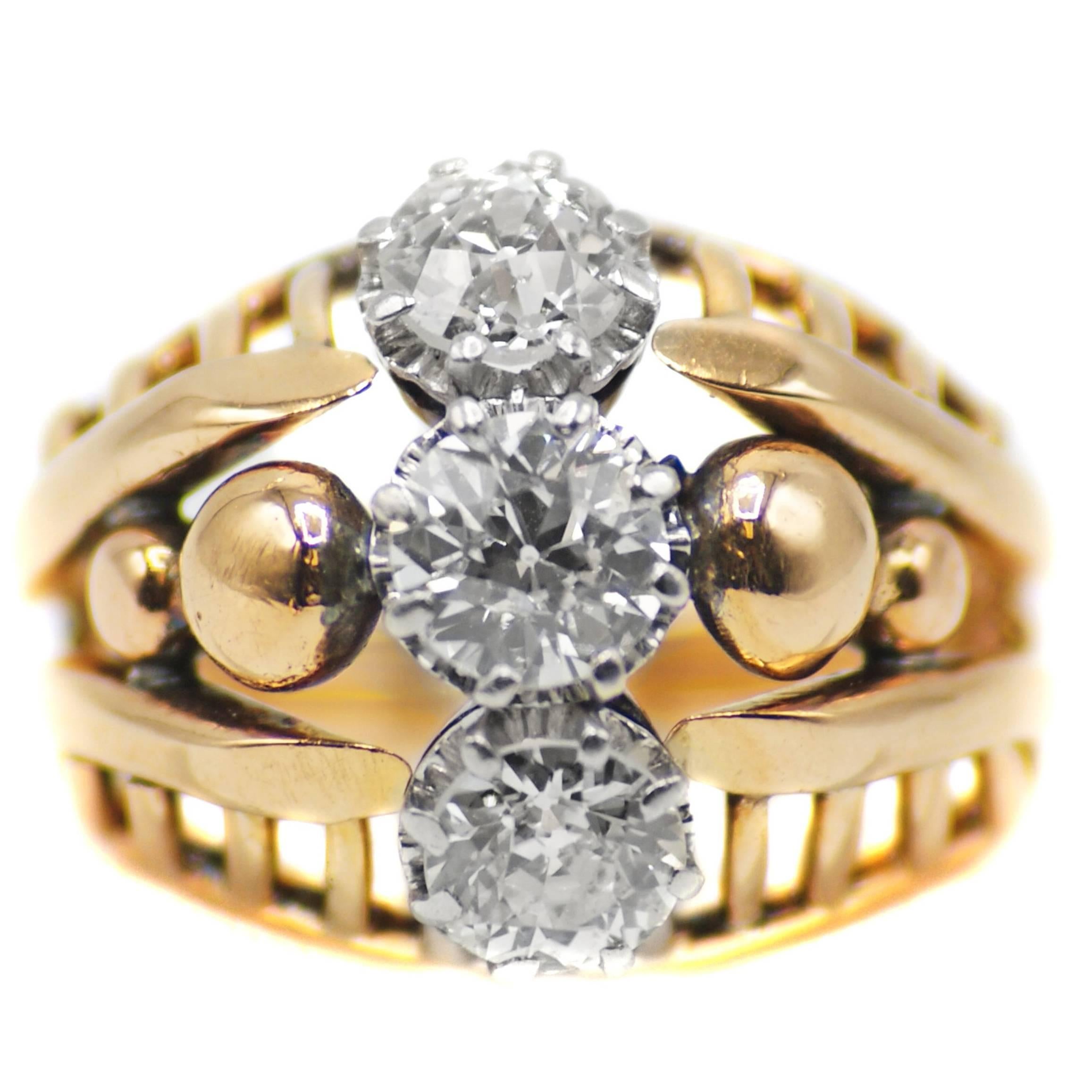 French Retro Diamond Gold Ring