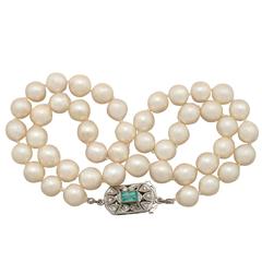 Single Strand Pearl, Emerald, Diamond and White Gold Necklace 1