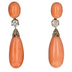 Antique Late Victorian Pink Coral Diamond Gold Drop Earrings 2