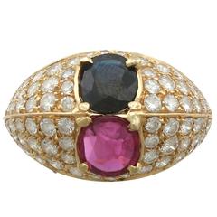 1.35 Carat Ruby and 1.28 Carat Sapphire 1.75 Carat Diamond and Yellow Gold Ring 2
