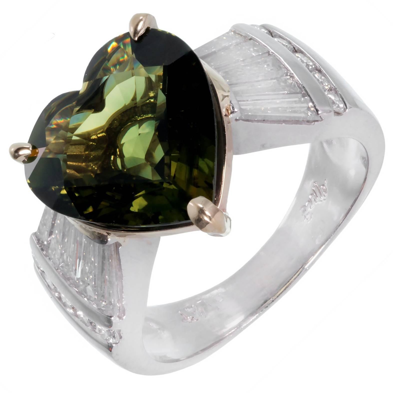 4.98 Carat Green Sapphire Heart Shape Diamond Platinum Gold Engagement Ring