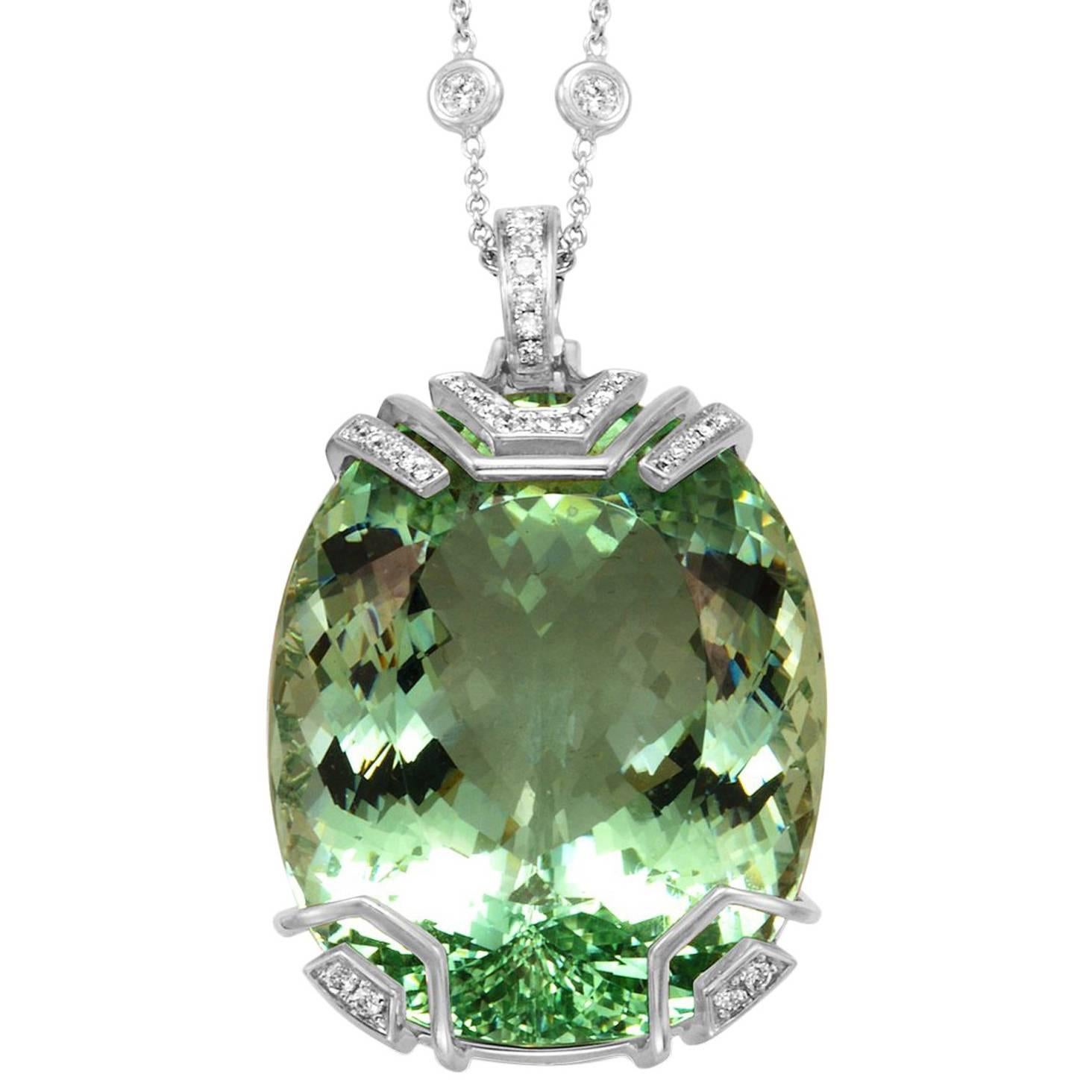 Frederic Sage 76.83 Carat Green Beryl Diamond Pendant Necklace Diamond Chain For Sale