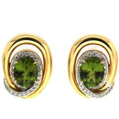Oval Peridot Diamond Swirl Rim yellow gold Earrings 11