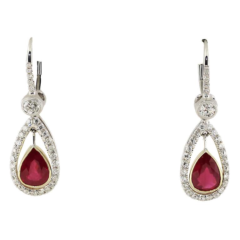 2 86 Carat Burma Pear Shape Ruby Diamond Gold Platinum Drop Earrings 2 86 Carat Burma Pear Shape Ruby Diamond Gold Platinum Drop Earrings For