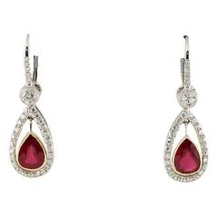 2.86 Carat Burma Pear Shape Ruby Diamond Gold Platinum Drop Earrings