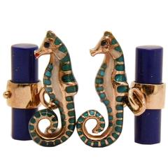 Unique Hand Enamelled Seahorse Lapis Lazuli Stick Back Rose Gold Cufflinks