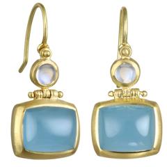 Faye Kim Milky Aquamarine Round Moonstone Gold Double Hinge Earrings