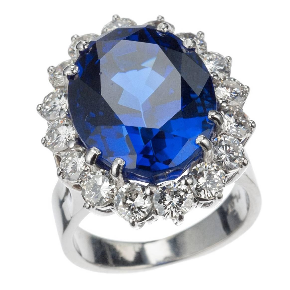 Tanzanite and Diamond Halo Ring in Platinum For Sale
