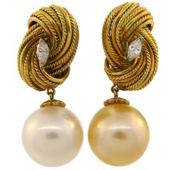 1980s Tiffany & Co. South Sea Pearl Diamond Yellow Gold Earrings 6