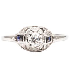 Art Deco Sapphire Diamond Filigree White Gold Platinum Engagement Ring