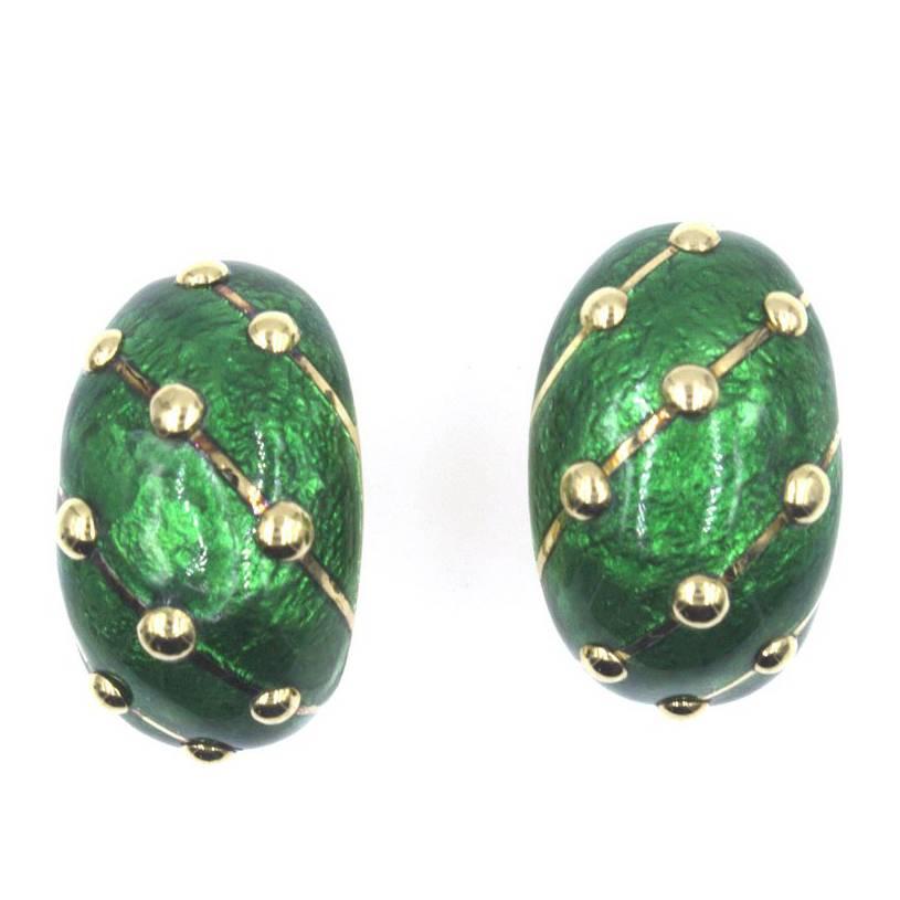 Tiffany & Co. Schlumberger Green Paillonne Enamel Gold Earrings