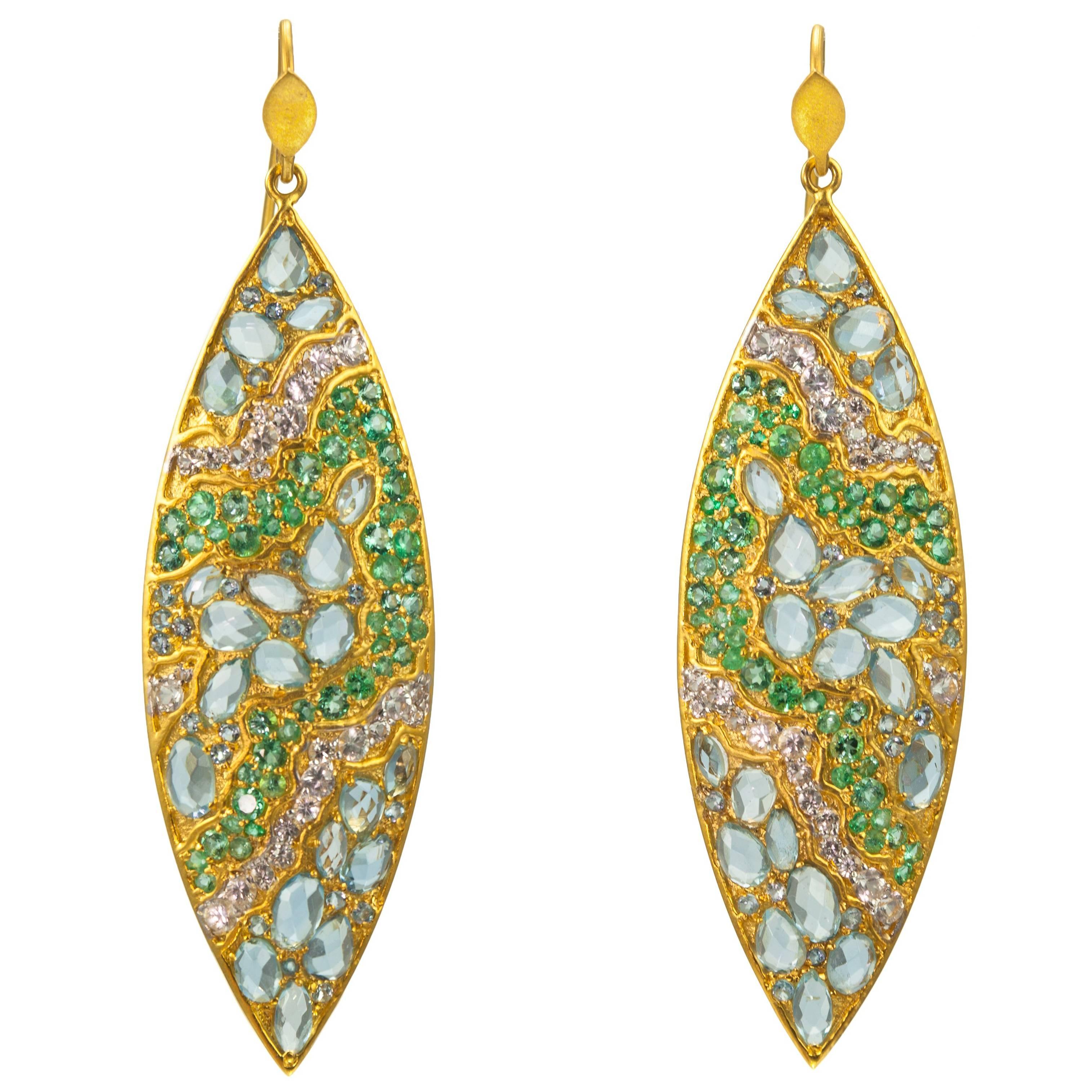 Lauren Harper Aquamarine White Sapphire Emerald Gold Drop Earrings For Sale