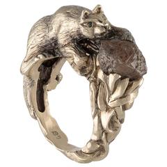 4.00 Carat Rough Brown Diamond Guarded by 18 Karat Gold Cat on the Vines Ring 5