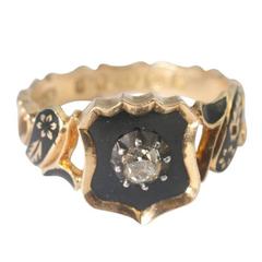 Antique Victorian Diamond Enamel Gold Mourning Ring