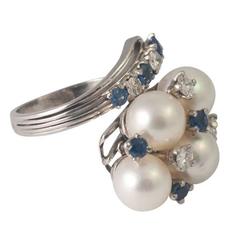 Pearl Sapphire Diamond Platinum Ring