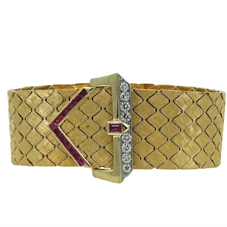 Ruby Diamond Yellow Gold Buckle Style Bracelet For Sale