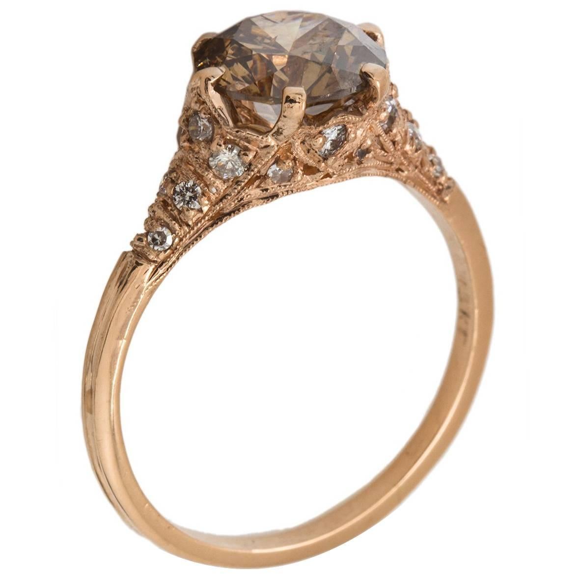 Stunning Cognac Diamond Rose Gold Pave Diamond Ring For Sale