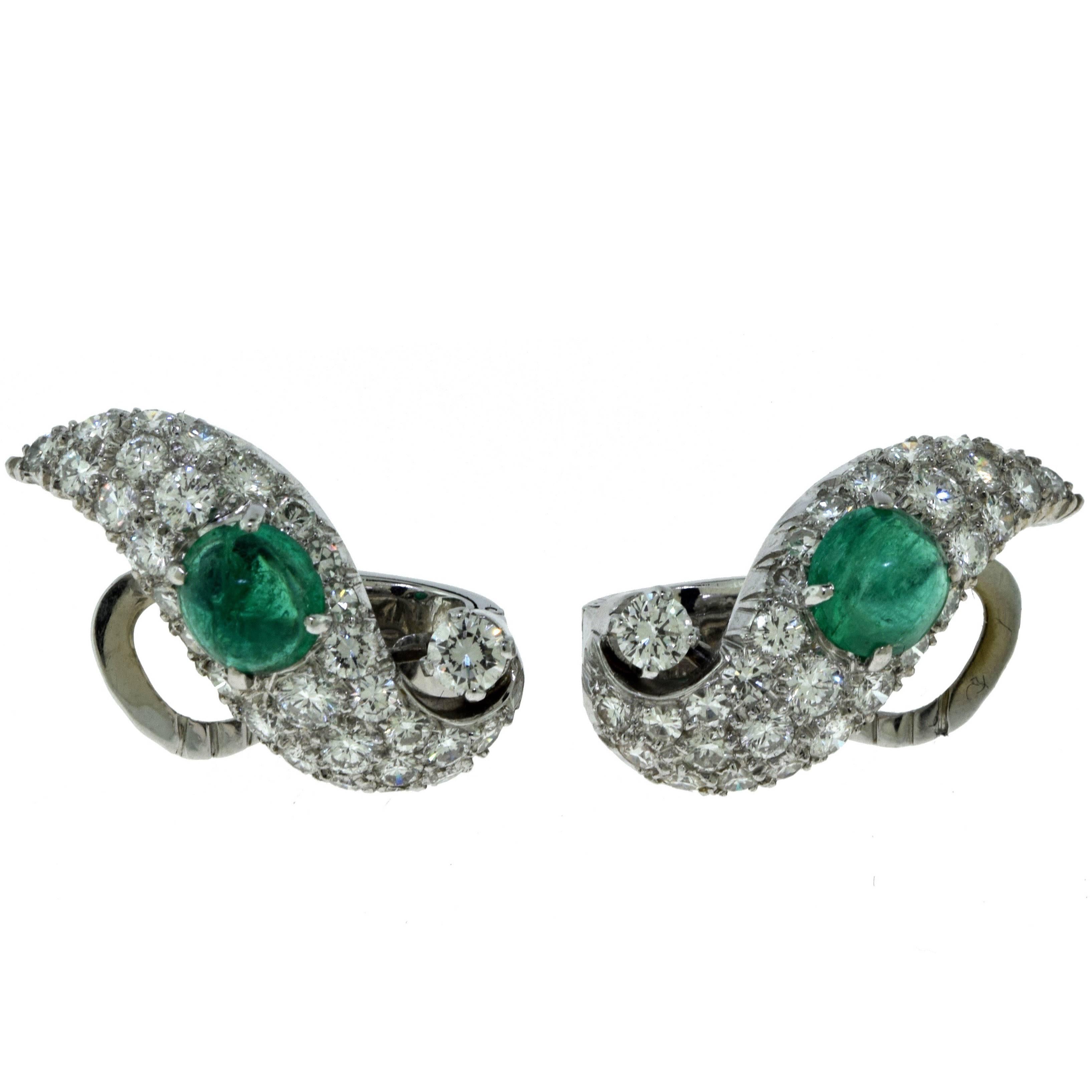 Estate Cabochon Green Emerald Diamond Platinum Earrings For Sale