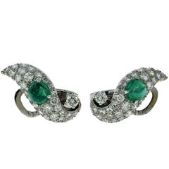 Estate Cabochon Green Emerald Diamond Platinum Earrings
