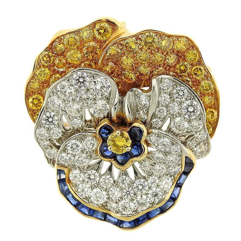 Broche Ancienne Art Nouveau Or 18k, Argent, Platine Avec Diamants & Saphirs