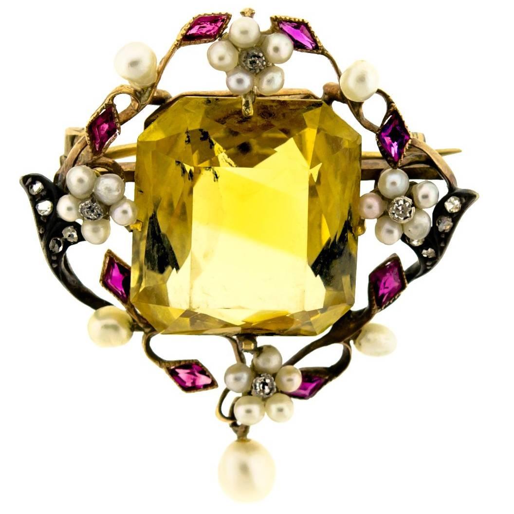 Turn of the Century Antique Citrine Ruby Pearl Diamond and Yellow Gold Brooch For Sale