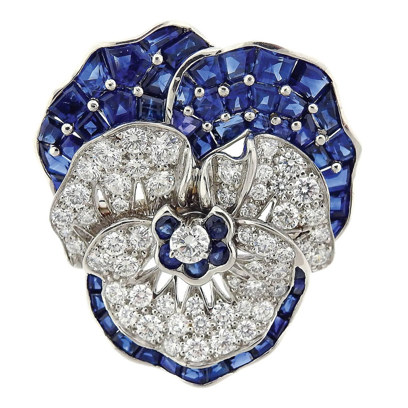 Large Oscar Heyman Blue Sapphire Diamond Platinum Pansy Flower Brooch For Sale