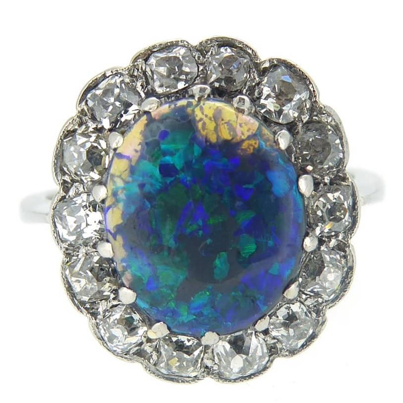 Vintage Black Opal Diamond Cluster Ring, Stamped Platinum, circa 1920s-1930s
