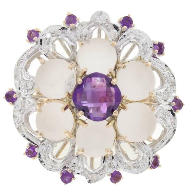  Amethyst Rock Crystal Diamond Gold Cluster Ring